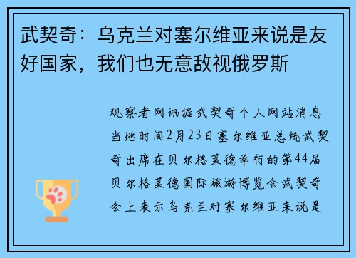武契奇：乌克兰对塞尔维亚来说是友好国家，我们也无意敌视俄罗斯