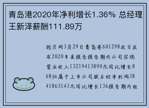 青岛港2020年净利增长1.36% 总经理王新泽薪酬111.89万